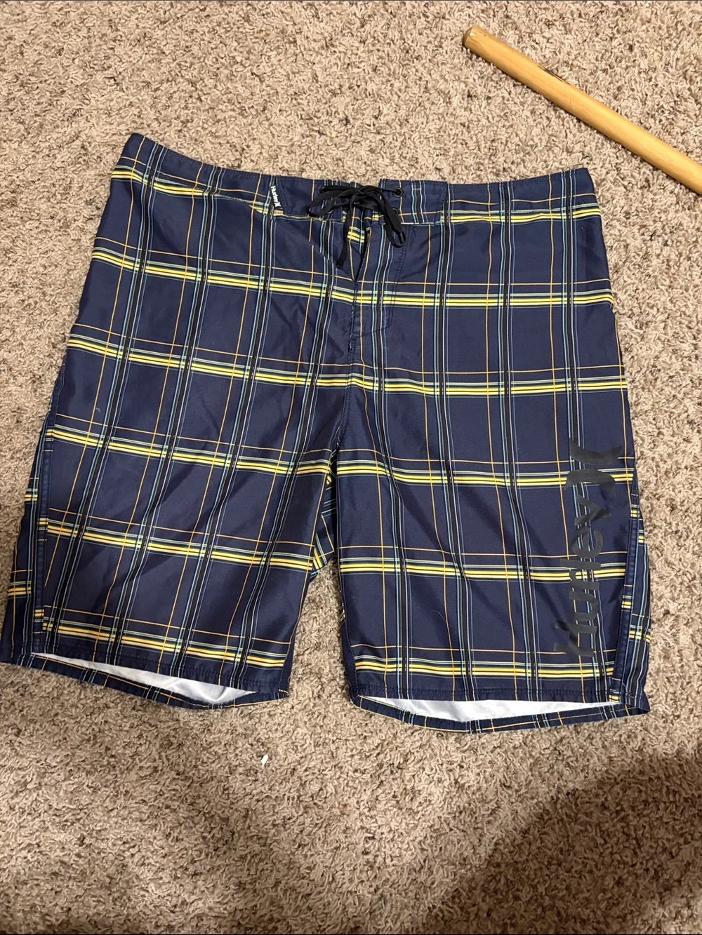 Hurley Navy Plaid Swim Board Shorts with Yellow Stripes